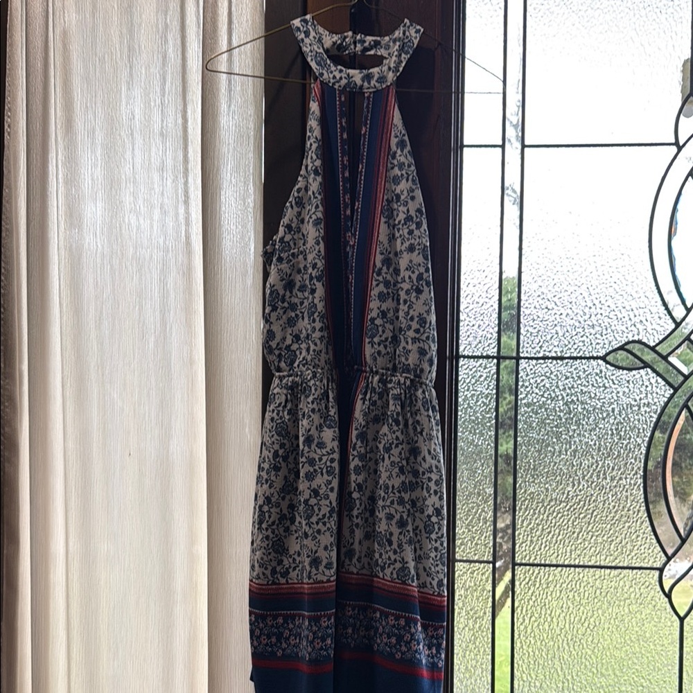 Floral High Neck Sleeveless Dress - Blue and White Floral